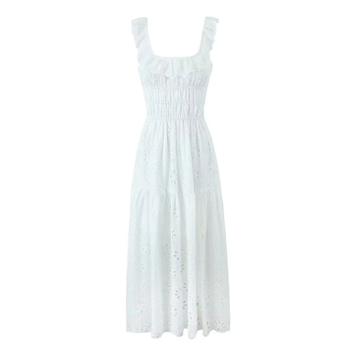 nvxiot - Square Collar White Lace Summer Tank Dress Women Sexy Backless Maxi Long Sundress Holiday Beach Cotton Slip Vestidos Party 2024