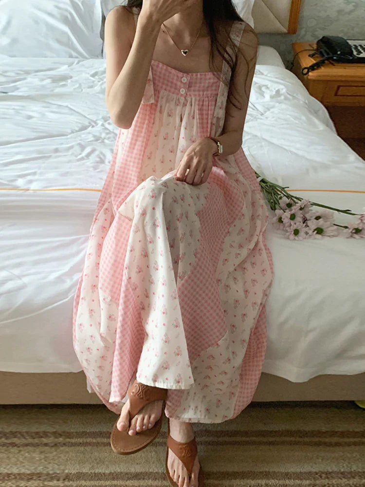 MQTIME - Korean Fashion Dress Chic Summer Sweet Age Reduction Dress Line Neck Shoulder Floral Loose Halter Dress Female Vestidos