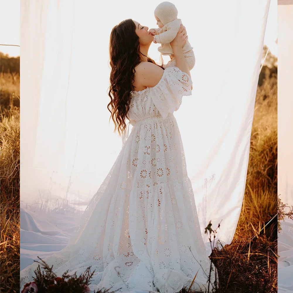 nvxiot - Cotton 2 in 1 Maternity Photography Props Outfit Slash Neck Lace Pregnancy Photo Shoot Dress Sets