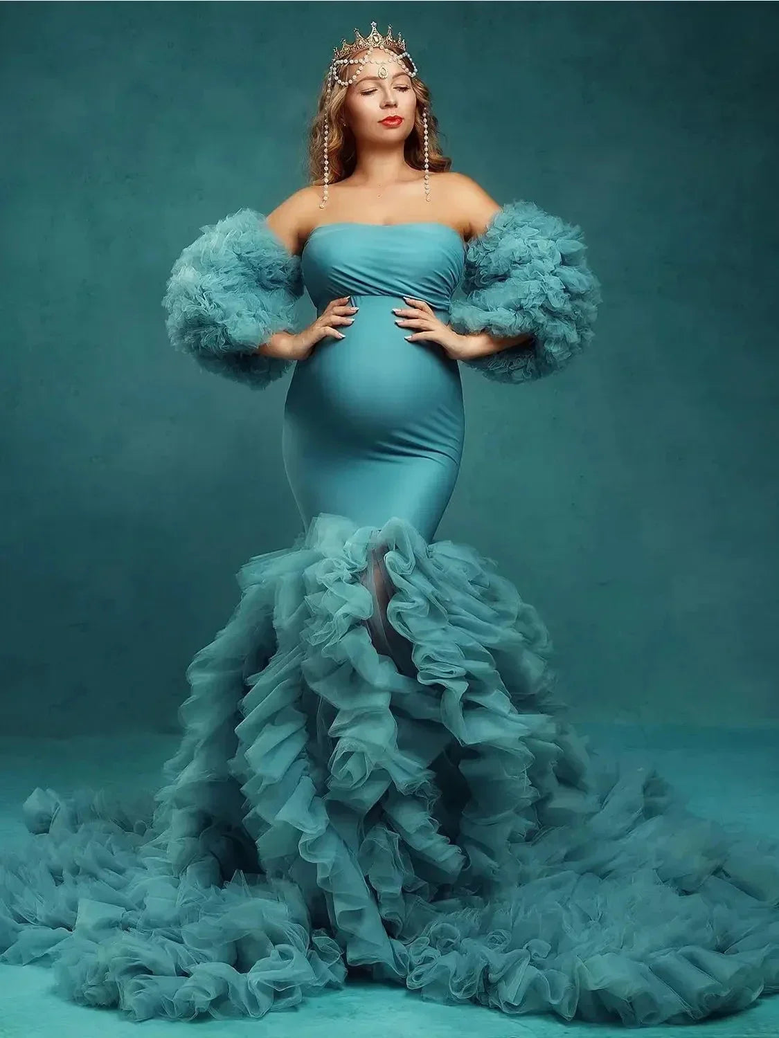 nvxiot - Teal Blue Mermaid Maternity Dress for Pregnant Woman Removable Puffy Sleeve Women Gowns for Photoshoot Evening Bathrobe Robes