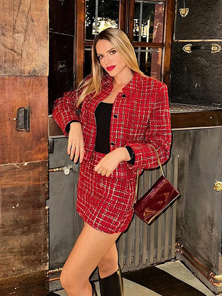 MQTIME - ELegant Autumn Slim Women Sets Fashion Turn-down Collar Long Sleeve Female Coat High Waist Mini Skirt Fashion Lady Office Suit