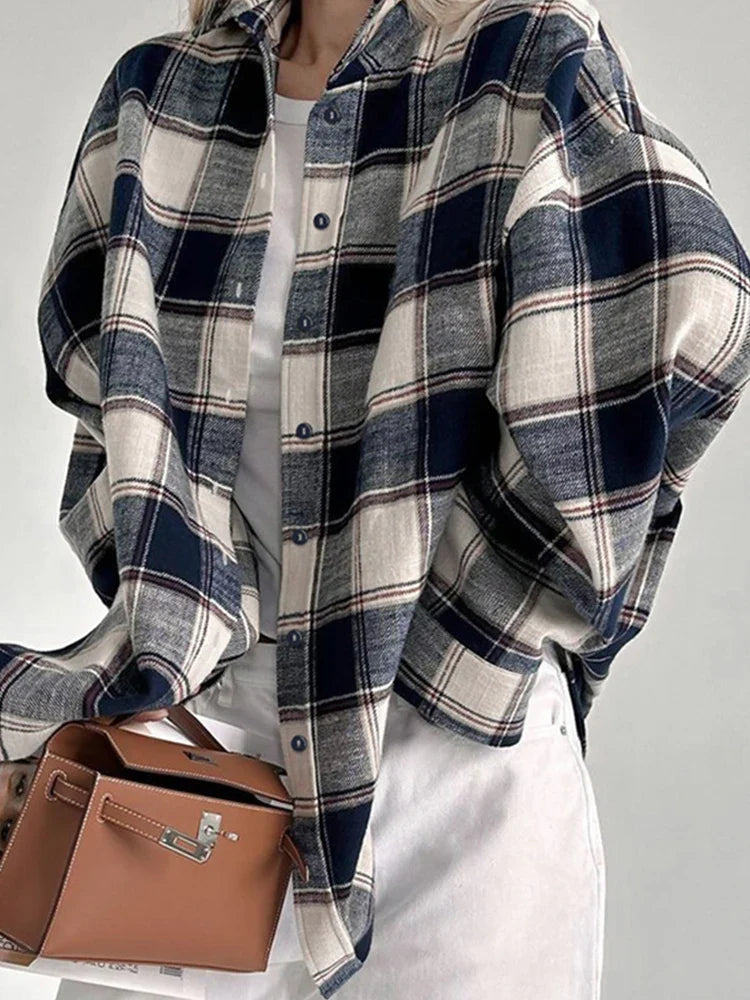 nvxiot - 2024 Women Spring Winter Oversized Plaid Shirt Thick Vintage Long Sleeve Loose Fit Blouse For Woman