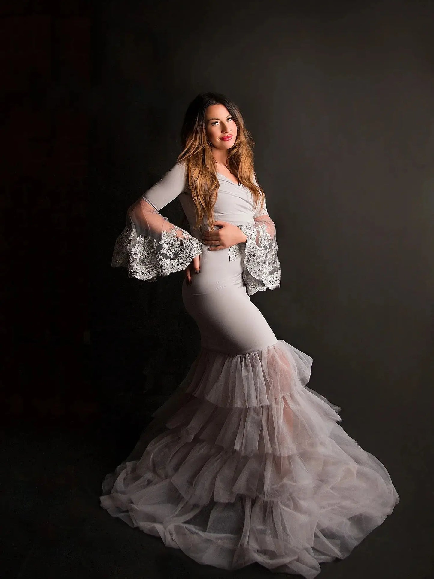 nvxiot - Gray Prom Dresses Elegant Mermaid Maternity Dresses for Women Lace Appliques Tiered Pregnant Babyshower Gowns Photography Props
