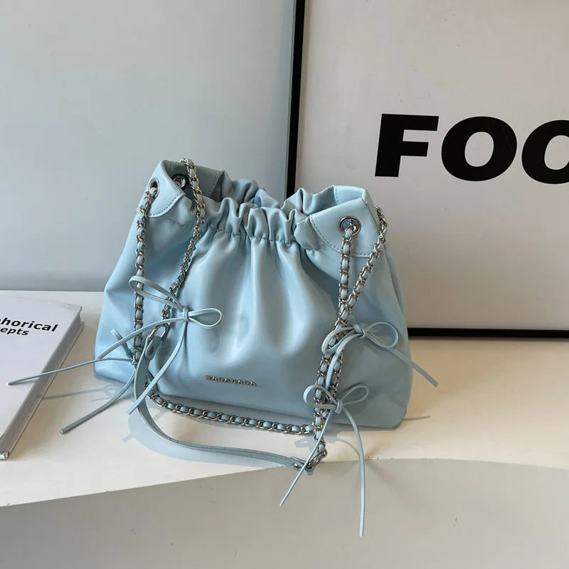 MQTIME - 2024 Summer New Ladies Handbag Fashion Simple Beige Pink Silver Pu Bucket Bags For Women Trendy Casual Shoulder Bag Crossbody