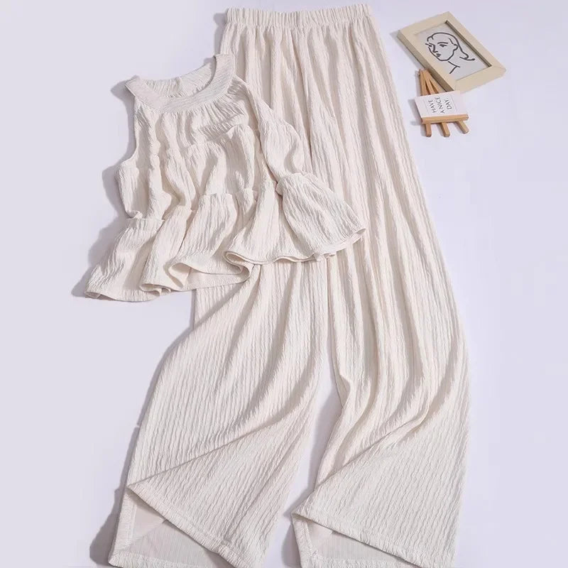 nvxiot - Summer New Sweet Ruffles O Neck Sleeveless Tops High Waist Loose Casual Straight Pants Fashion Two-piece Set for Women Outfits
