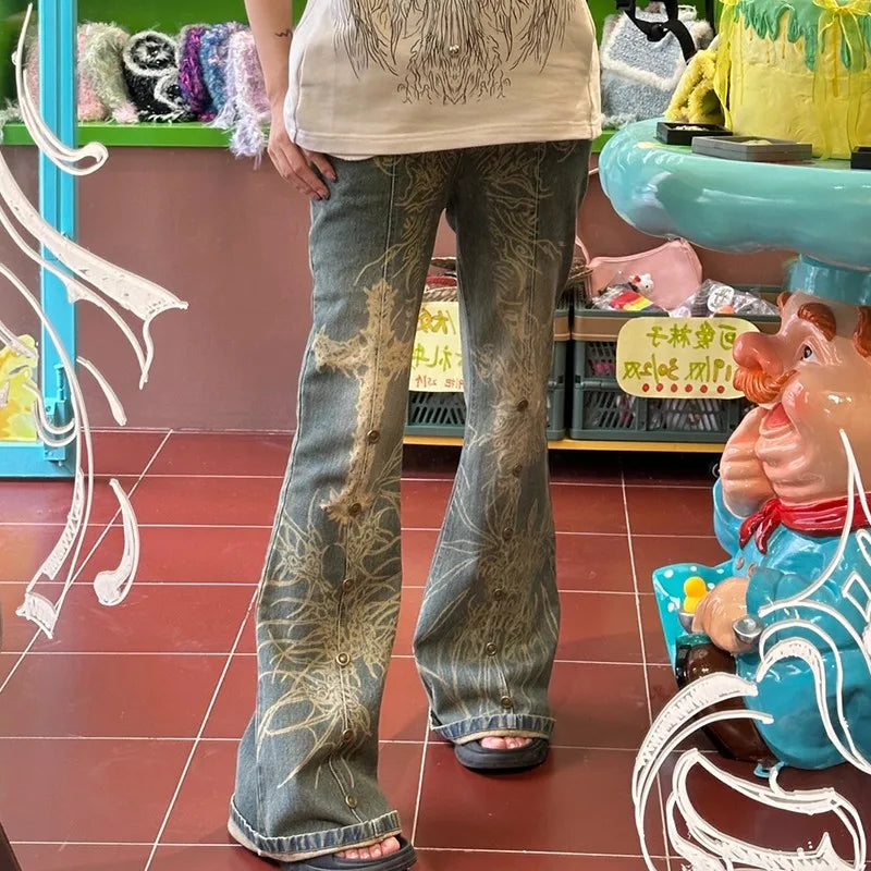 nvxiot - Grunge Tattoo Print Jeans Vintage Distressed Flare Jeans Japanese Y2k Laser Denim Pants Boyfriend Mopping Jeans Harajuku