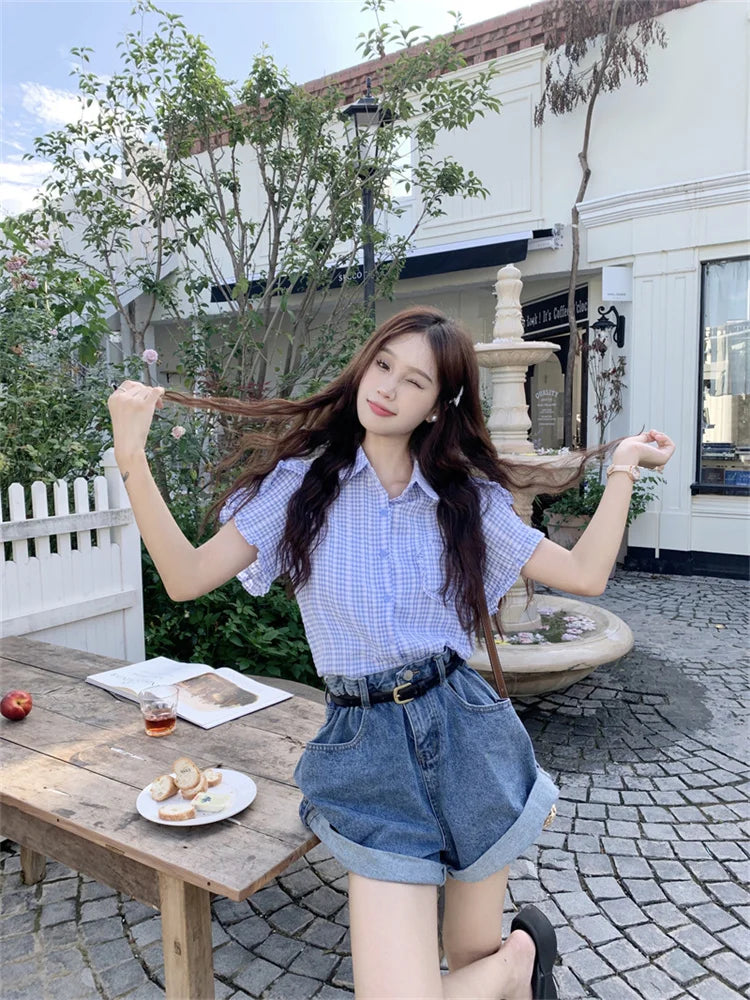 nvxiot - Japanese Style Short Sleeved Shirt for Women Spring Summer New Small Figure Niche Plaid Top Sweet Girls Blouse Cute Y2k Blusa