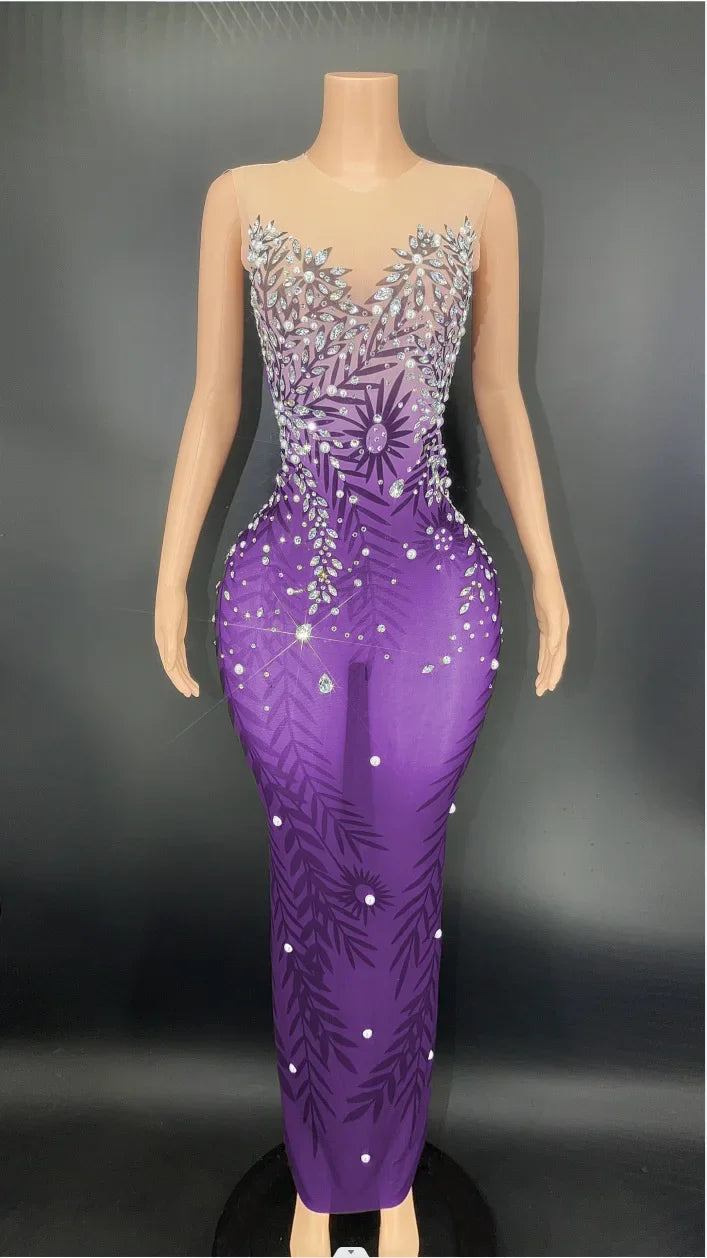 MQTIME - Elegant Stretchy Mesh Printed Red Evening Dress For Party Banquet Embellished Maternity Dresses for Pregnancy Photoshoot