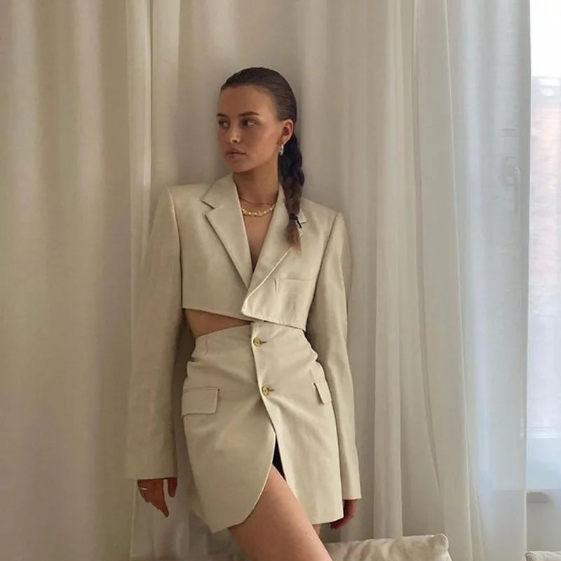 MQTIME - New Fashion Women Elegant Cottagecore Blazers Solid Colors Single Button Long Sleeve Short Blazers Sexy Mini Skirts Indie