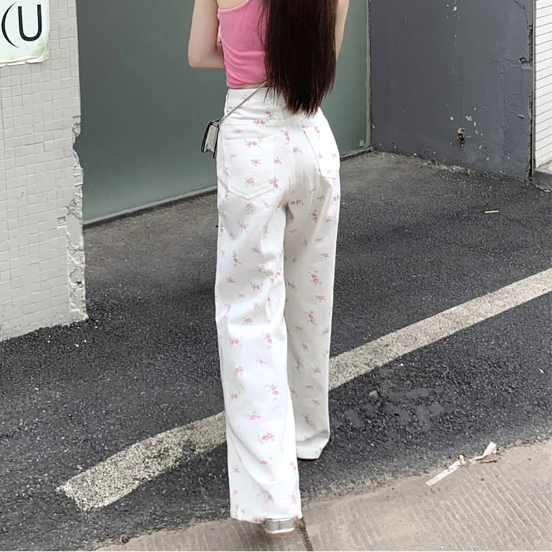 nvxiot Korean Floral Printed Sexy Slim Casual Jeans Women Summer New High Waist Fashion All Match Wide Leg Pants