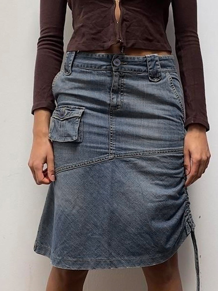 nvxiot Vintage Denim Jeans Skirt Women Autumn High Street Casual Drawstring Pleated Pocket Midi Skirts Bottoms Y2K Clothing