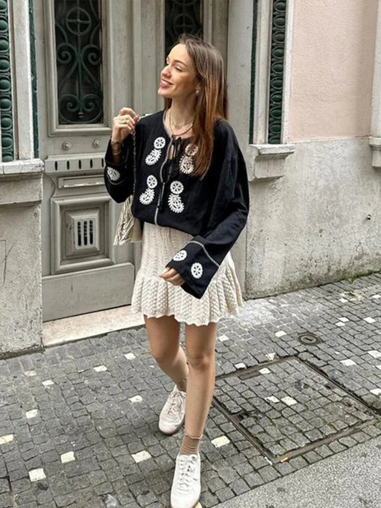 MQTIME - Embroidery Hollow Out Shirts Women Casual Bow Lace Up O-neck Flare Long Sleeve Blouses Lady 2024 Spring Summer Elegant Tops