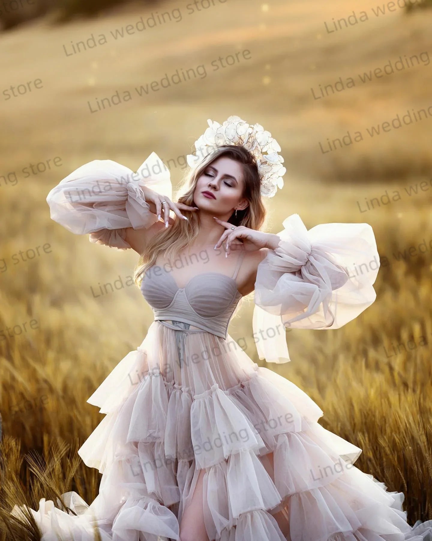 nvxiot - Maternity Gowns for Babyshower Boho Vestidos De Noche High Slit Detachable Full Sleeves Pregnancy Photography Props