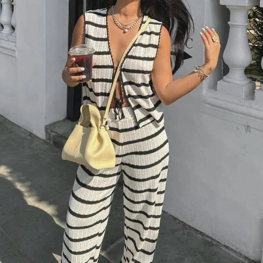 MQTIME - Women Fashion Knitted Striped Waistcoat Pants Set V Neck Front Tie Sleeveless Vest Tank Tops Elastic Waist Trousers Streetwear