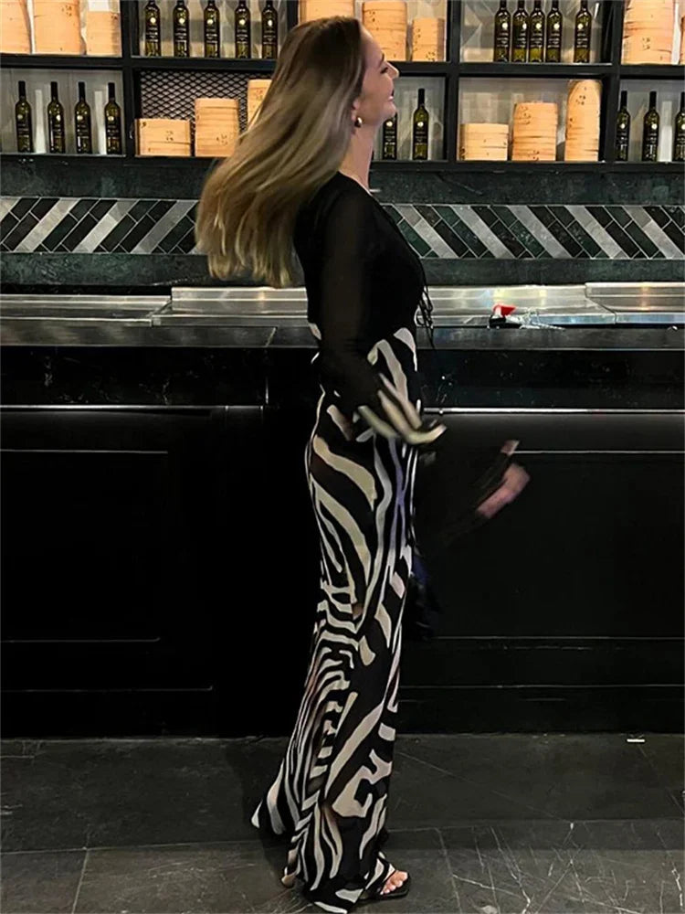 nvxiot - Fall Outfits 2024 Striped Printed Mesh Long Dress For Women See-Through V-Neck Patchwork Contrast High Waist Dress Female Lace-Up Maxi Dress
