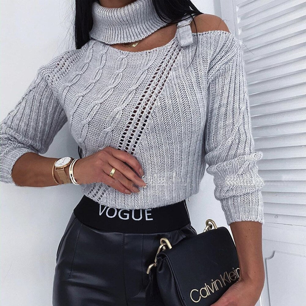 nvxiot knitted hollow out sweater pullovers female one shoulder belt turtleneck oversized sweater streetwear casual vintage top