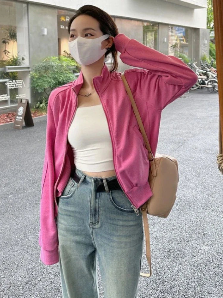 nvxiot - Womens Casual Vintage Pink Jackets Fashion Korean Double Zipper Jacket Chaquetas Loose All Match Pink Y2k Aesthetic Coats