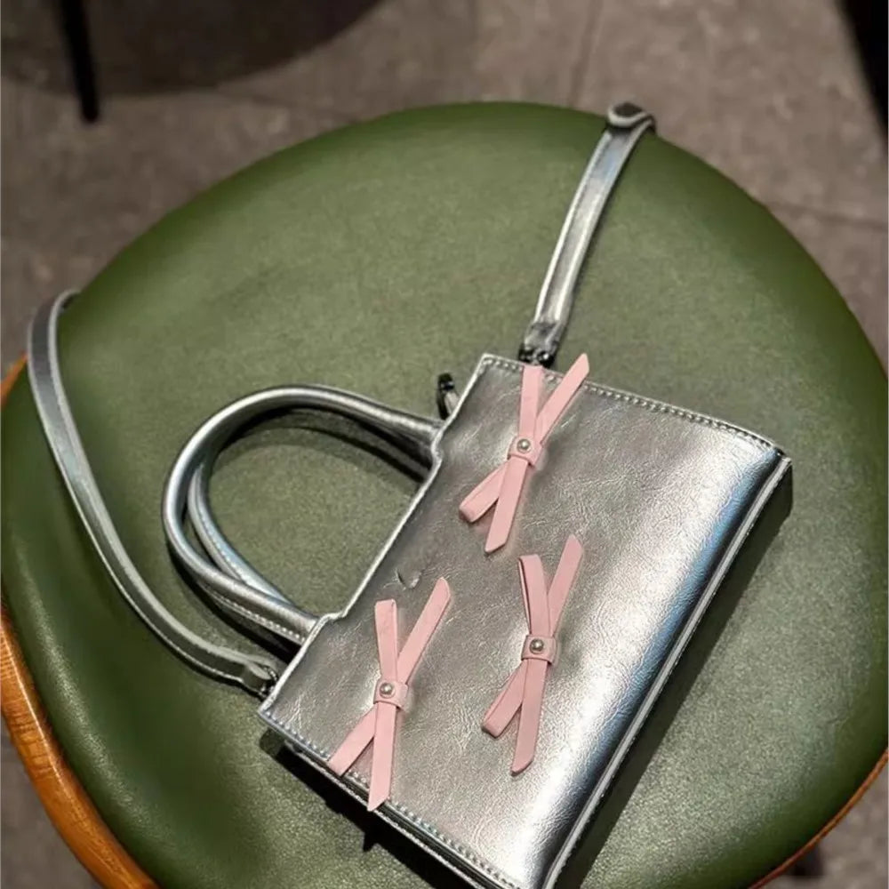nvxiot - Hot Girls Bow White Mini Tote Bag Women Sweet Cool Bow Chic Leather Y2k Hand Bag Ladies Harajuku Aesthetic Messenger Bag