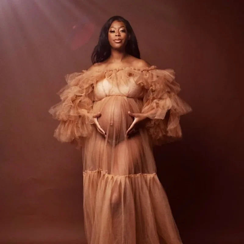 nvxiot - Tulle Evening Dresses For Pregnant Woman Side Ruffles | tulle dress gown robe maternity baby shower photo shoot Prom Gowns