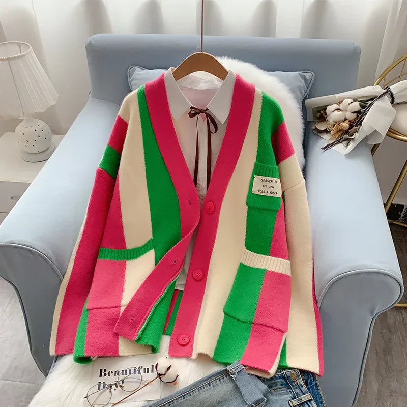 MQTIME - Korean Girls Sweaters Autumn Sweater Colorful Striped Cardigan Women's Single Breasted V-neck Knitwear Cozy Loose Cardigans