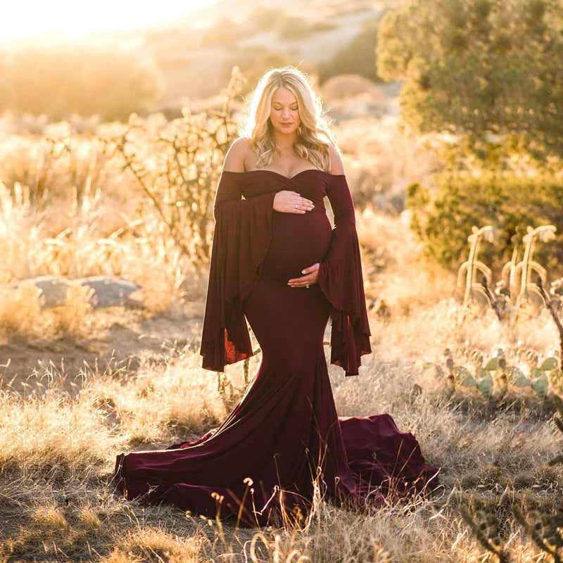 nvxiot - Silk Cotton Maternity Photography Dresses Solid V-neck Ruffle Edge Sleeve Taildress Long Soft Cozy High Waisted Retro Long Dress