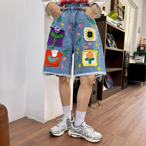 nvxiot - Knitted Floral Denim Short Pants Female Summer New Loose Casual Pants Tassel Design Vintage Fashion Short Para Mujeres