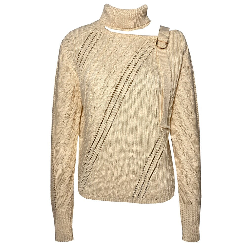 nvxiot knitted hollow out sweater pullovers female one shoulder belt turtleneck oversized sweater streetwear casual vintage top