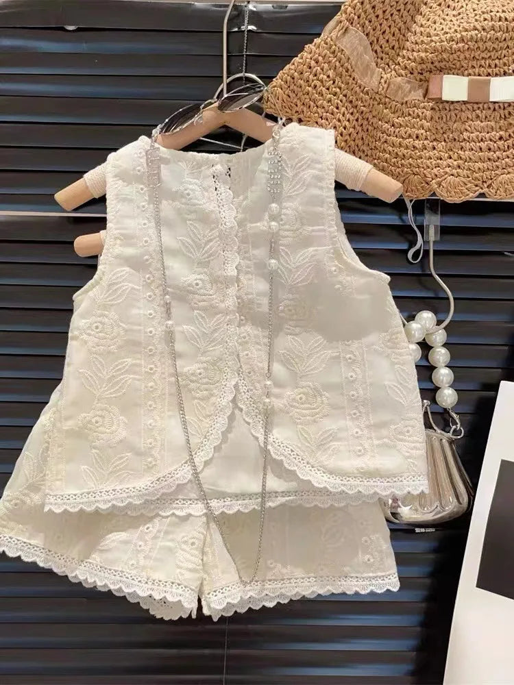 MQTIME - Summer Korean 2-8 Year Girl 2PCS Clothes Set Solid Hollow Jacquared Camisole Suit Lace Hem Elastic Waist Shorts Baby Girl Outfit