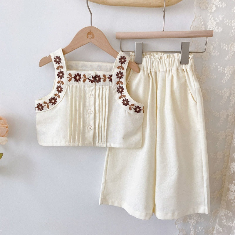 nvxiot Girl Clothes Sets Summer Solid Color Linen Cotton Spaghetti Strap Emboried Tops Wide Leg Pants 2Pcs Outfits Sets With Pants 2-7Y