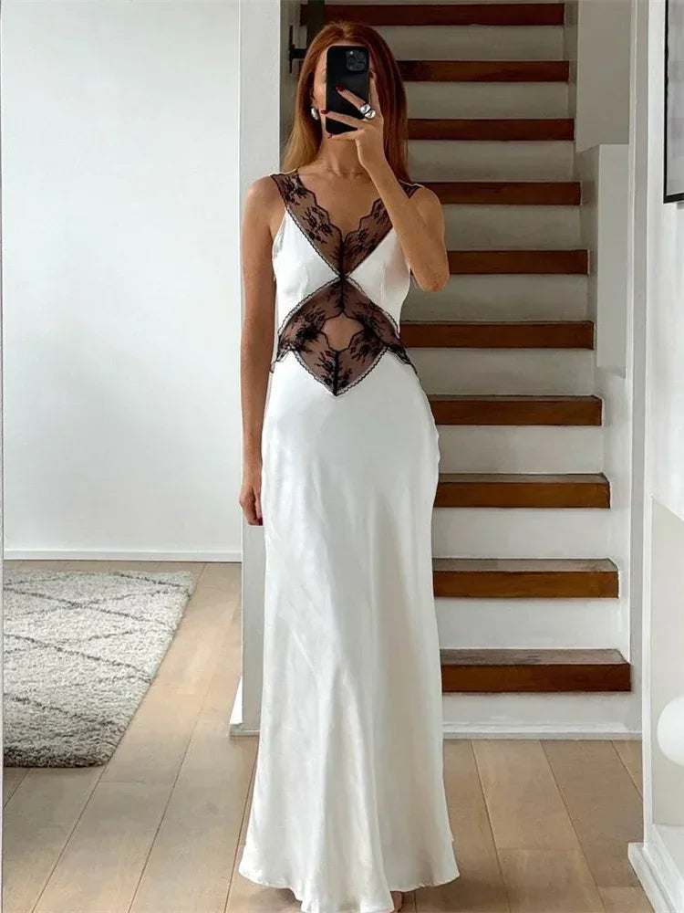 MQTIME - Hollow Lace Long Dress Women Patchwork Backless High Waist Sleeveless Dresses Party Fashion Evening Elegant Dress Femme
