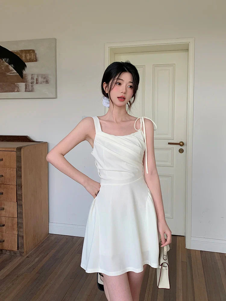 MQTIME - 2024 Summer New Design Sense Large Sling Dress Solid Color Versatile Sleeveless Pleated Long Short Skirt for Women