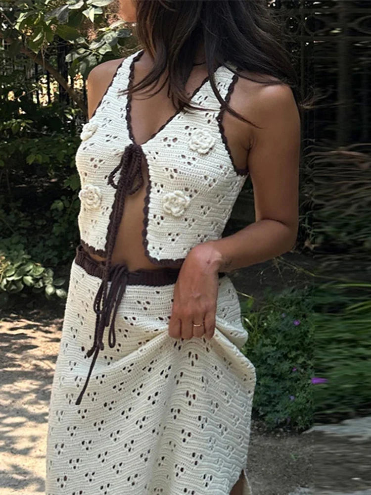 MQTIME - Women Knitted 2 Pieces Sets With Skirt Casual Hollow Out V Neck Crop Tank Top Split Skirts Lace Up Suit For Lady Summer Elegant