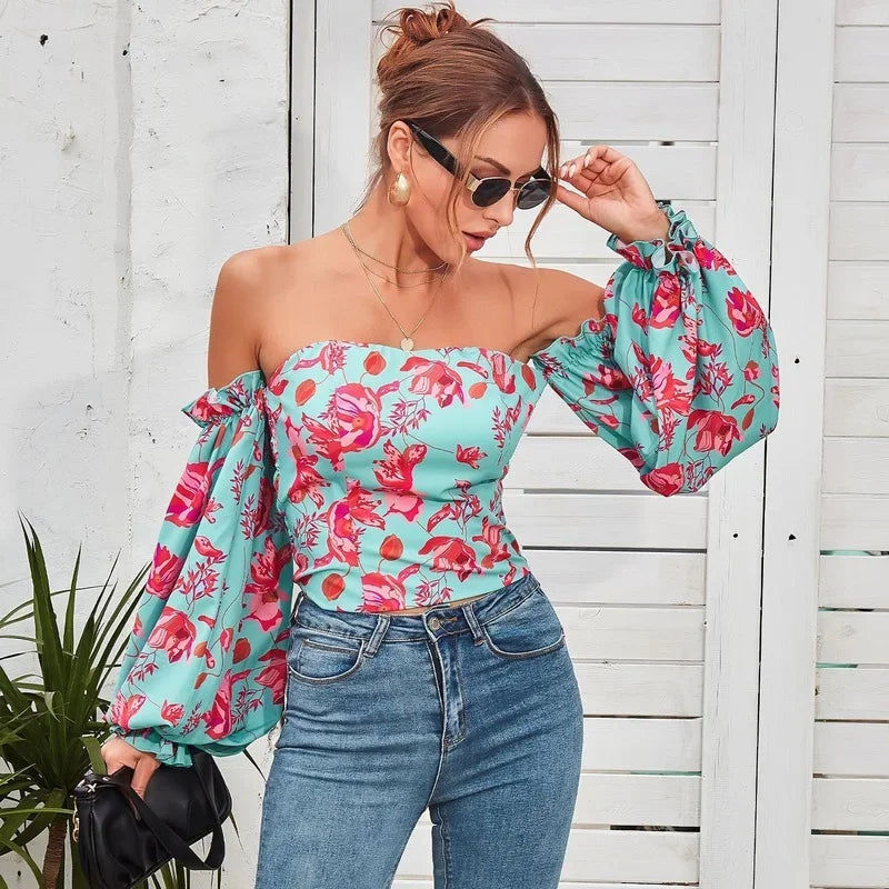MQTIME - Women's sexy printed one-shoulder autumn new long-sleeved temperament self-cultivation puff sleeve casual top women