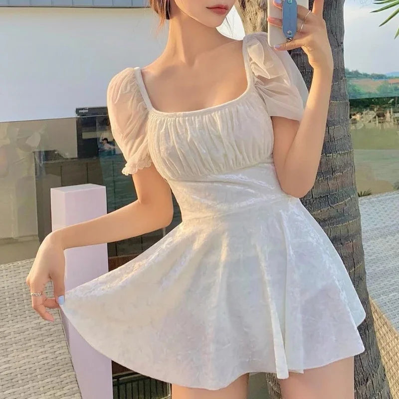 MQTIME - Women One Piece Swimsuit Female Sweet White Beach Suit Beachwear Sexy Japanese New Swimwear Korean with Skirt Backless Y2k Indie