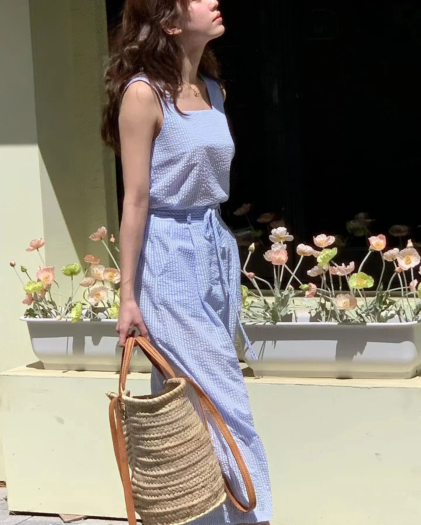 nvxiot - Refreshing Summer Style Square Neck Blue Stripe Sleeveless Tank Top Paired With High Waist Slim Skirt Two Piece Set