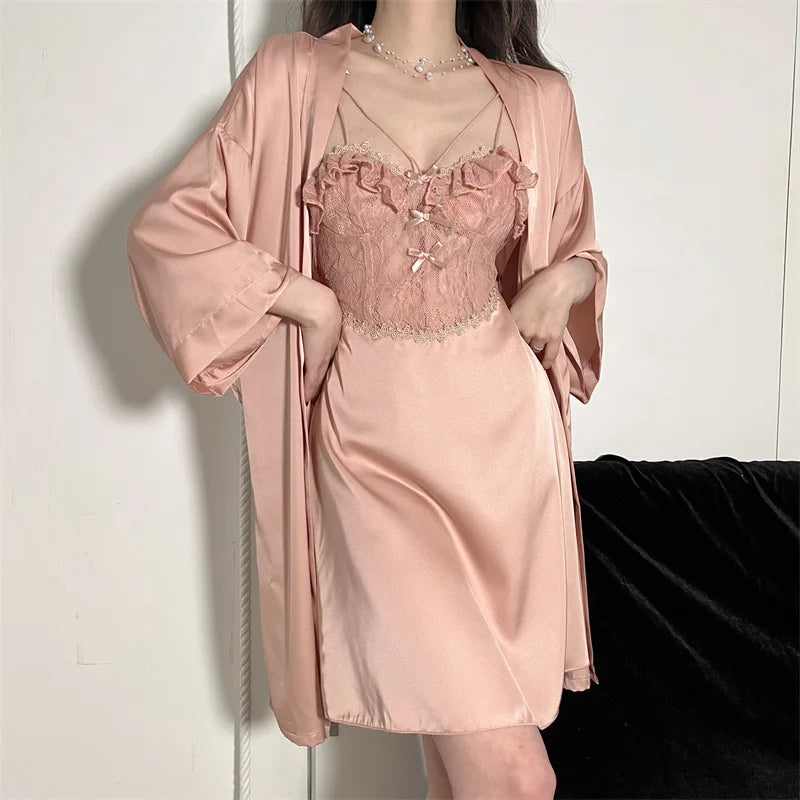 MQTIME - Women Robe And Gown Sets Light Purple Bathrobe Sexy Lingerie Satin Kimono Two Piece Set Summer Lace Hollow-out Nightgown