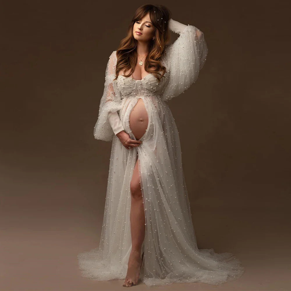 nvxiot - Pearl White Maternity Dress Photography Props Off Shoulder Maternity Photography Clothing Baby shower Gown Photo Shoot Pregnant