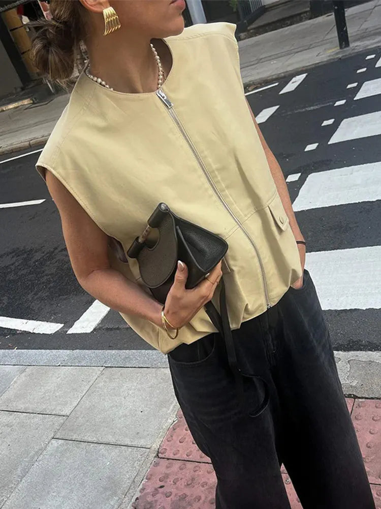 MQTIME - Fashion Zipper Pocket Sleeveless Vest Women Elegant Round Neck Loose Short Waistcoat Casual 2024 Autumn New Lady Street Tops