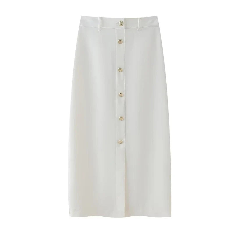 MQTIME - Women's 2024 Summer New Fashion Temperament High Waist Gold Button Decorated Midi Skirt 9878/106