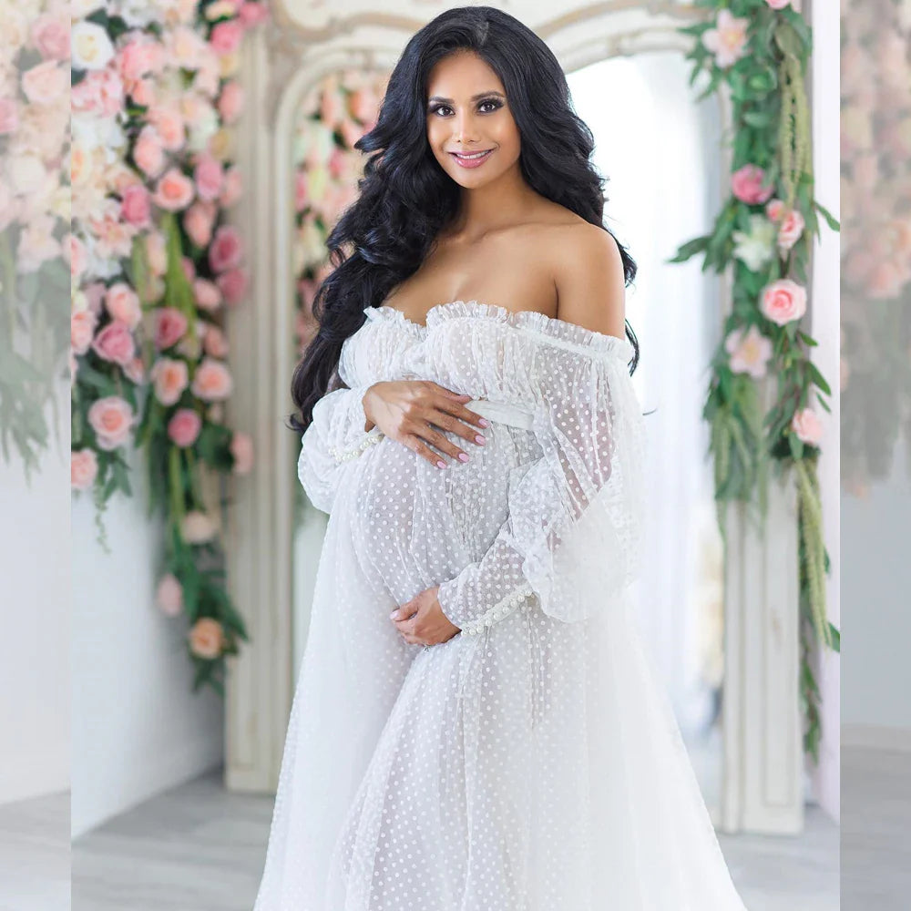 nvxiot - Maternity Photography Dresses Tulle off Shoulder Gown Boho Bridal Dot Wedding Dress Photo Shoot Photography Dress For Women