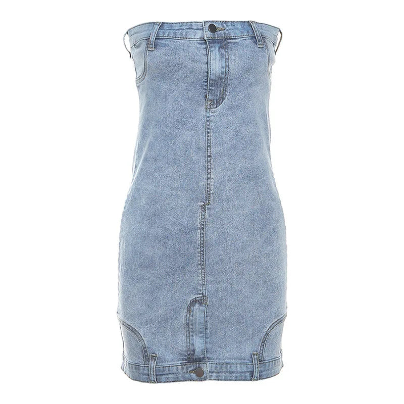 nvxiot - Zipper Button Fly Strapless Jeans Dress Women Sexy Wrap Chest Sleeveless Backless Slim Denim Mini Casual Dresses Clubwear Outfit