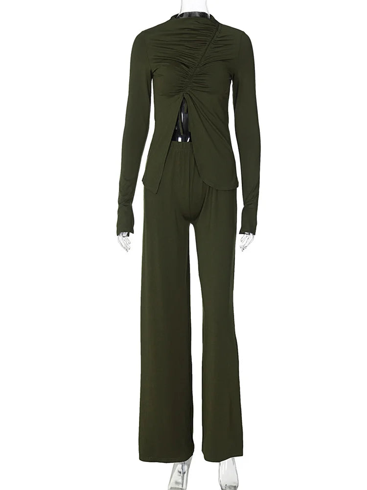 nvxiot - Fall Outfits 2024 Pleated Lace-Up 2 Piece-Set Casual Trousers Slim Long Sleeve Cropped Top And Patchwork Trousers Sets Female Pants Sets New
