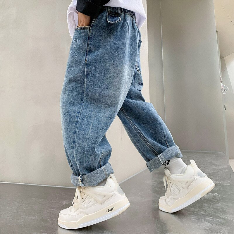 nvxiot Jeans for Boys Autumn Blue Fashion All-match Young Children's Casual Pants Winter Fleece Thick Kids Trousers 10 12 13 Years
