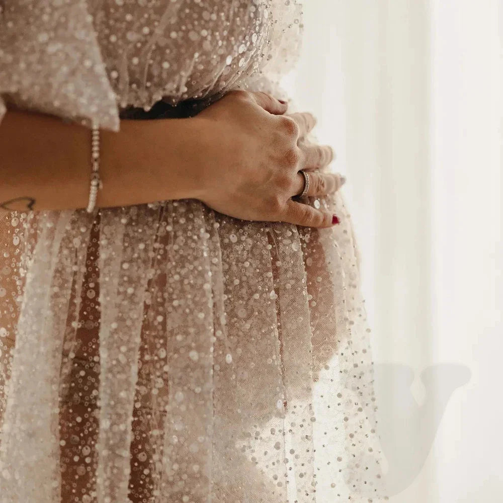nvxiot - Women's Boho Dress Sequin Sheer Dress For The Maternity Session Maternity Photo Props Pregnancy Photography Babyshower Dress