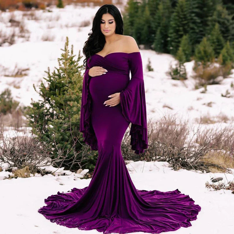 nvxiot - Silk Cotton Maternity Photography Dresses Solid V-neck Ruffle Edge Sleeve Taildress Long Soft Cozy High Waisted Retro Long Dress