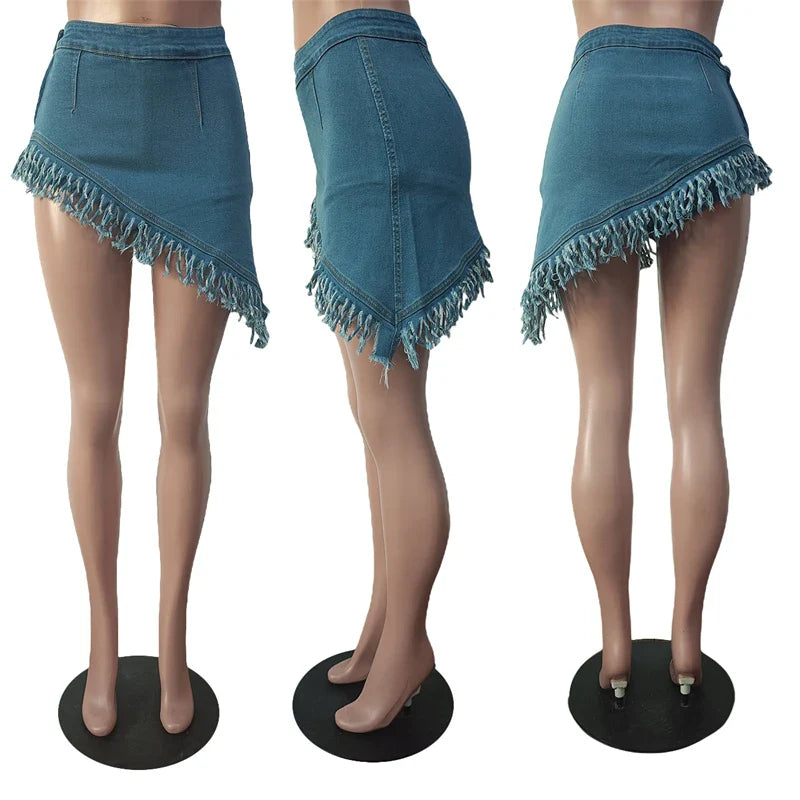 nvxiot - Asymmetrical Tassel Apron Jeans Shorts Women Slim High Waist Button Fly Zipper Denim Culottes Female Fashion Casual Streetwear