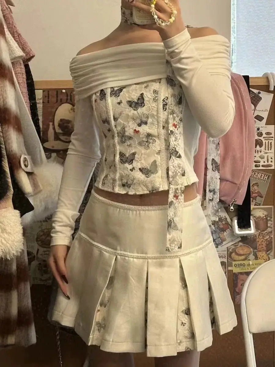 MQTIME - Off Shoulder Slash Neck butterfly Embroidery Graphic Crop Top Long Sleeve T-Shirt Women T Shirt fairycore 2000s y2k grunge goth