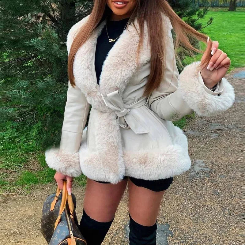 nvxiot - Faux Fur Spliced PU Leather Jackets with Belt Women Warm Winter Turn Down Collar Long Sleeve Slim Coats Streetwear Outwear