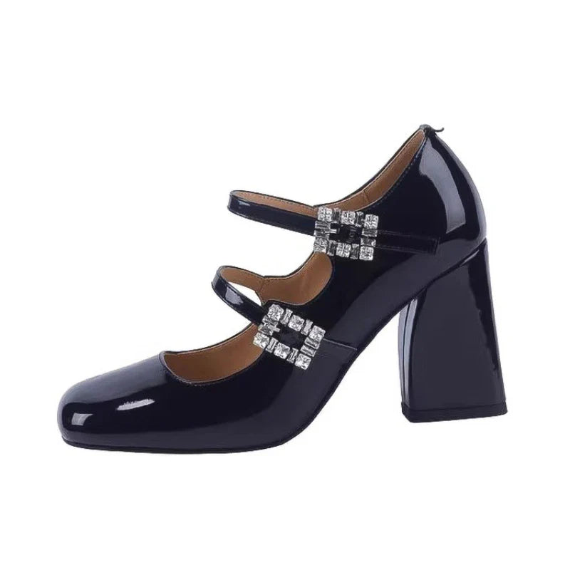 MQTIME - 2024 Spring Retro Rhinestone Mary Jane Women Shoes French Shallow Leather Single Shoes Chunky Heel High Shoes High Heels Women