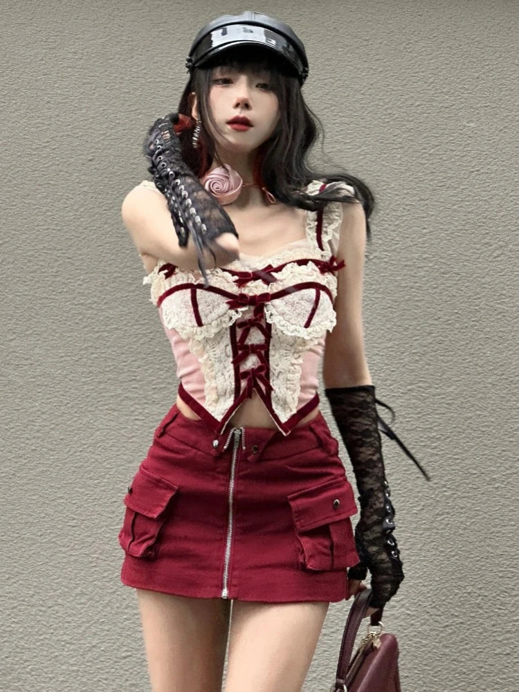 MQTIME - Sexy Red Zipper Mini Skirt Hotsweet High Street Pocket Cargo Skirt Korean Style Design High Waist Slim Skirts for Women